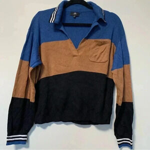 7 For  All Mankind color block ribbed striped cropped polo sweater